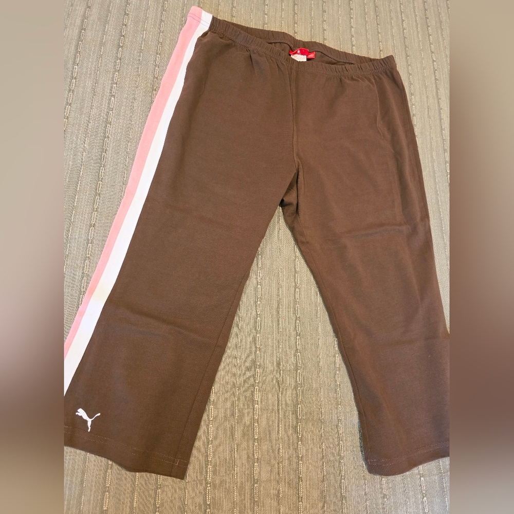 Puma Brown Track Pants with Pink and White Side Stripes